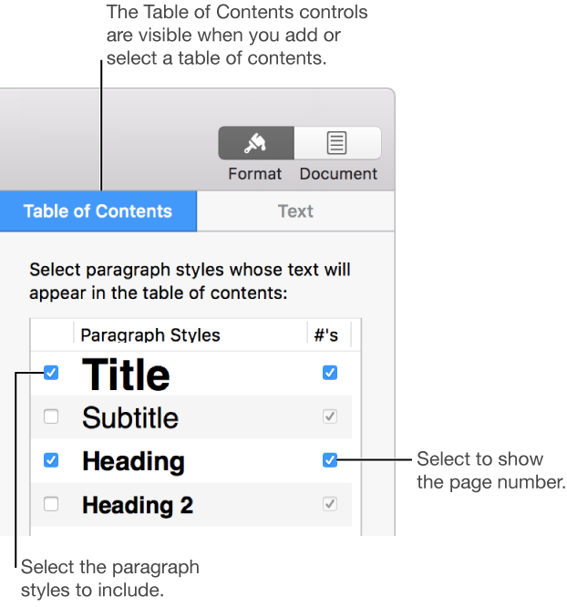 The Table of Contents pane of the Format sidebar.