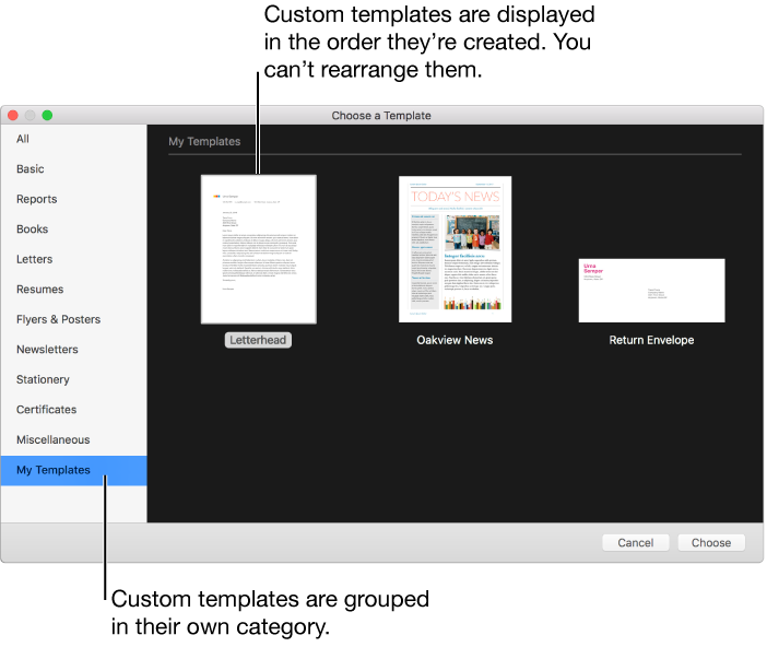 The template chooser with My Templates as a category on the left.