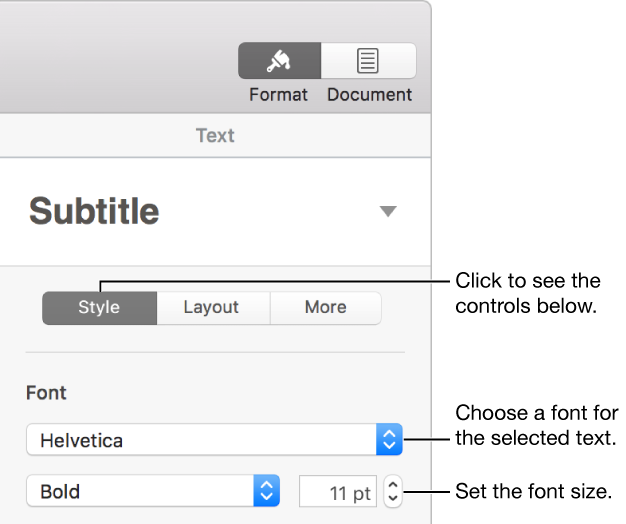 Text controls in the Style section of the Format sidebar for setting font and font size.