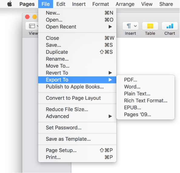 The File menu open with Export To selected, with its submenu showing export options for PDF, Word, Plain Text, Rich Text Format, EPUB, and Pages ’09.