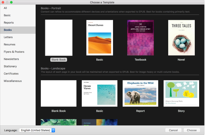 The template chooser with Books selected in the category list on the left, and book templates in portrait and landscape orientation on the right.