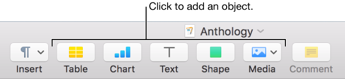 The Pages toolbar with Table, Chart, Text, Shape, and Media buttons.