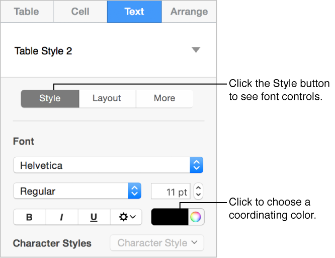 The controls for styling table text.