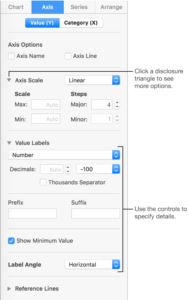Controls for formatting chart axis markings.
