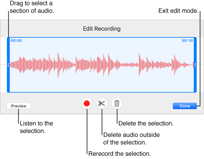 Controls for editing recorded audio. Handles indicate the selected section of the recording, and Preview, Record, Trim, Delete, and Edit Mode buttons are below.