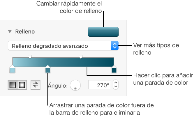Controles para rellenar objetos con colores.