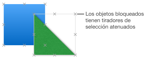 Objetos bloqueados con tiradores de selección atenuados.