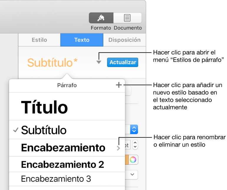 El menú desplegable “Estilos de párrafo” con controles para añadir o cambiar un estilo.