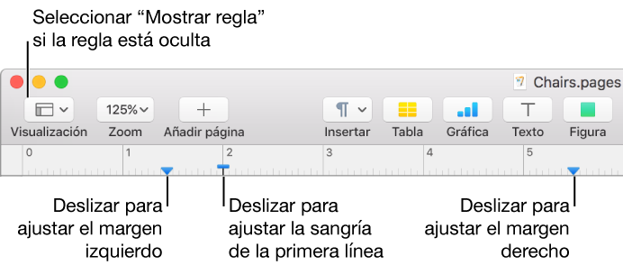La regla con el control de margen izquierdo y el control de sangría de la primera línea.