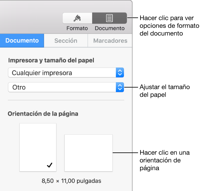 Controles para ajustar la orientación y el tamaño del papel.