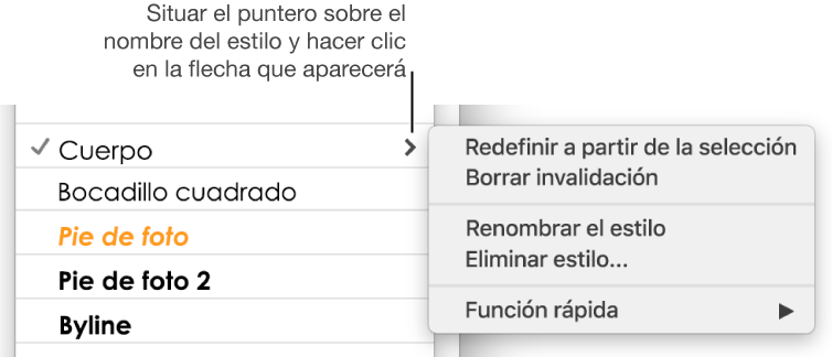 El menú desplegable de estilos de párrafo con el menú de función rápida abierto.