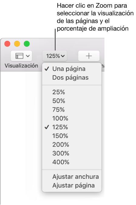 El menú desplegable Zoom con opciones para ver una página y dos páginas en la parte superior, porcentajes que van del 25 % al 400 % abajo y “Ajustar anchura” y “Ajustar página” en la parte inferior.