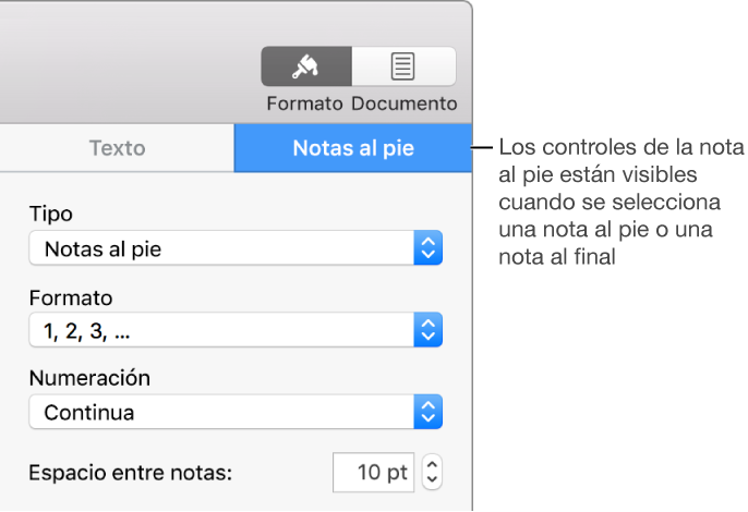 El panel “Notas al pie” con menús desplegables para Tipo, Formato, Numeración y espacio entre notas.