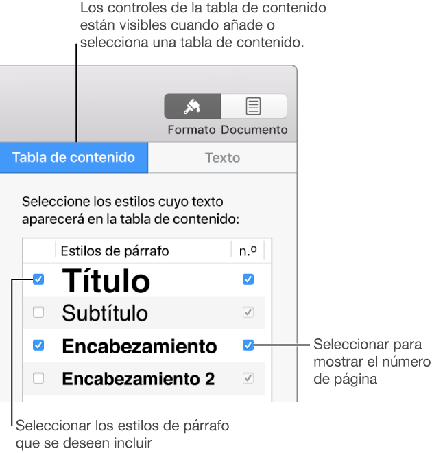 El panel “Tabla de contenido” de la barra lateral Formato.