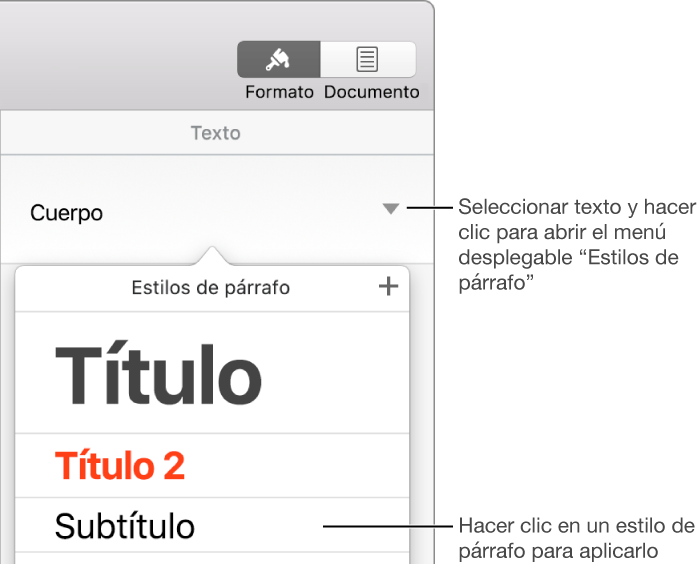 El menú de estilos de párrafo con una marca de verificación junto al estilo seleccionado.