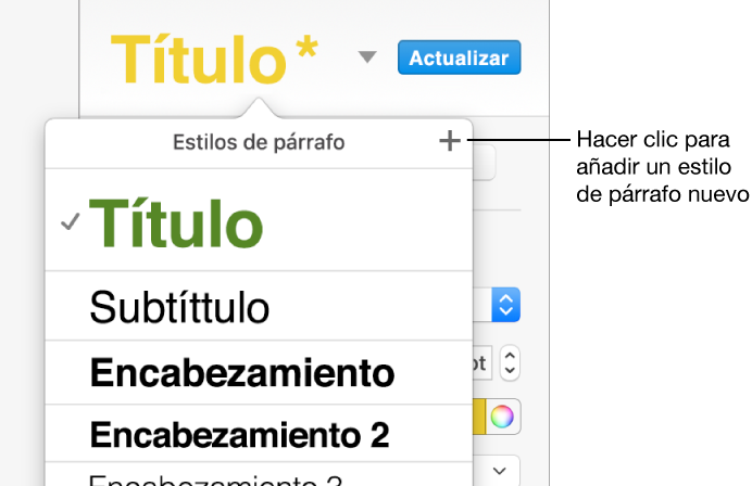 El menú de estilos de párrafo con una llamada al botón “Nuevo estilo”.