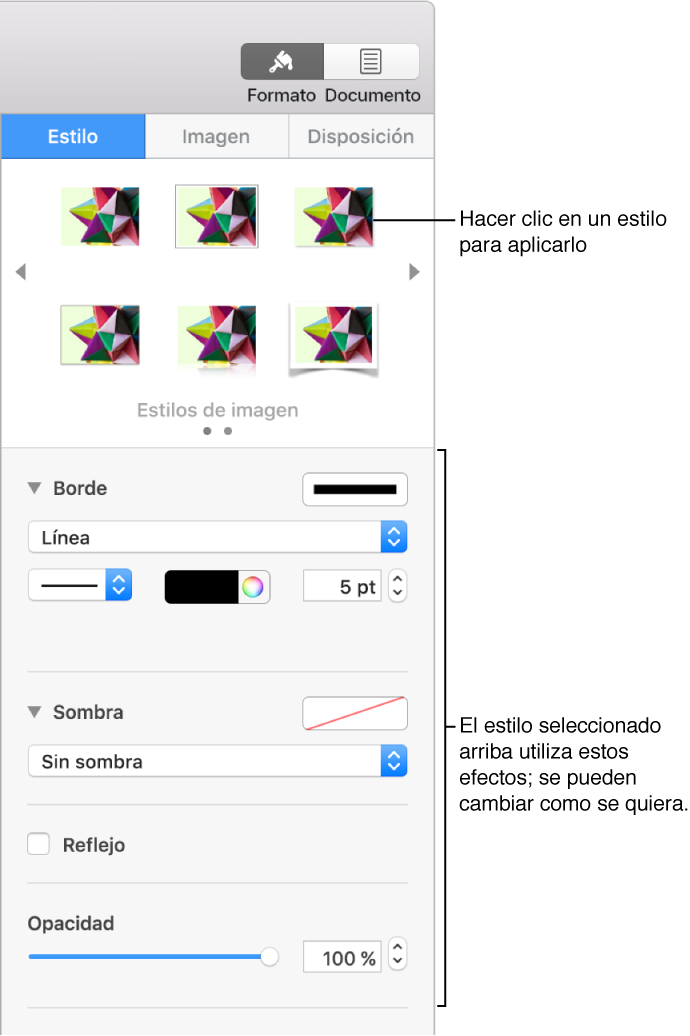 La pestaña Estilo de la barra lateral Formato con opciones de estilo de objeto.