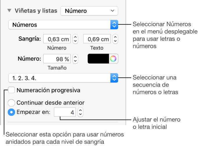 Controles para cambiar el estilo de numeración y el espaciado de una lista.