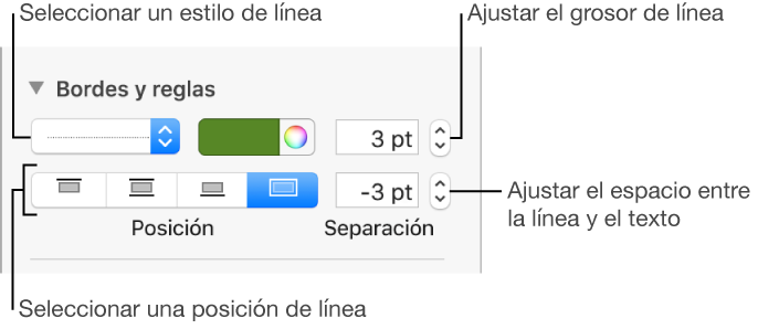 Controles para cambiar el estilo de línea, grosor, posición y color.