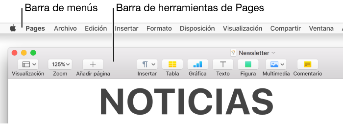 La barra de menús situada en la parte superior de la pantalla con los menús Apple, Pages, Archivo, Edición, Insertar, Formato, Disposición, Visualización, Compartir, Ventana y Ayuda. Debajo hay un documento abierto de Pages con los botones Visualización, Zoom, “Añadir página”, Insertar, Tabla, Gráfica, Texto, Figura, Multimedia y Comentario de la barra de herramientas por la parte superior.
