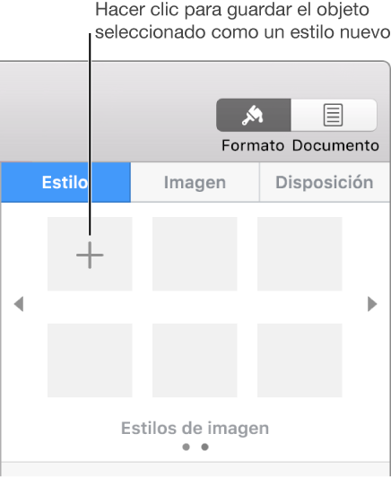 El panel Estilo de la barra lateral Formato con el botón “Crear estilo” en la esquina superior izquierda y cinco marcadores de posición de estilo vacíos.
