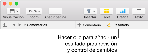 La barra de menús con el menú Insertar debajo, la barra de herramientas de Pages en la que se ven las herramientas de revisión y una llamada al botón Resaltado.