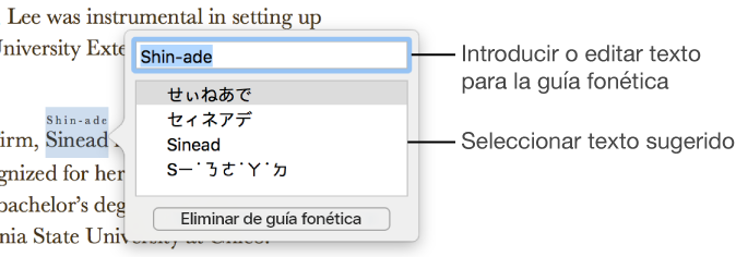 Guía fonética abierta para una palabra, con llamadas al campo de texto y al texto sugerido.