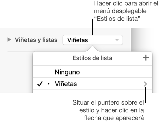 El menú desplegable “Estilos de lista” con un estilo seleccionado y una flecha en el extremo derecho.