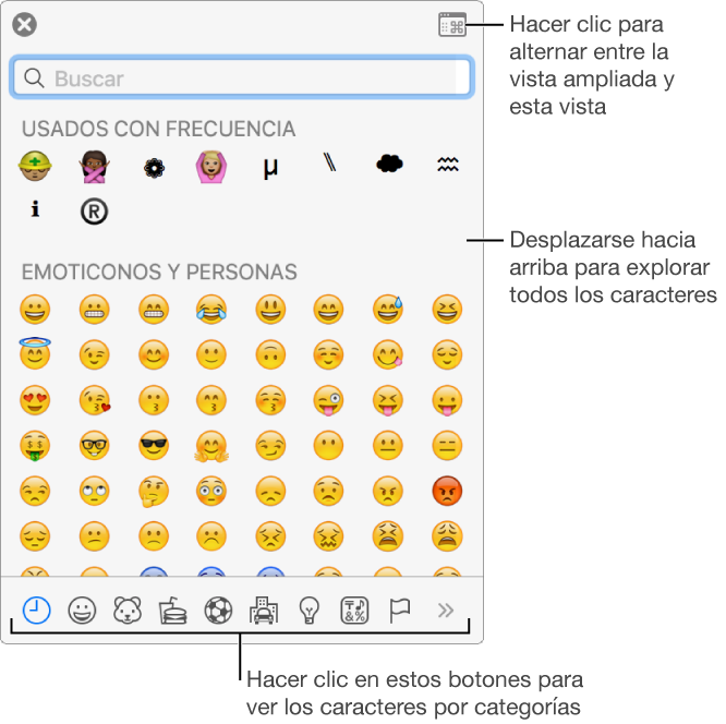 La ventana desplegable “Caracteres especiales” con emoticonos, botones para diferentes tipos de símbolos en la parte inferior y una llamada a un botón para mostrar la ventana Caracteres completa.