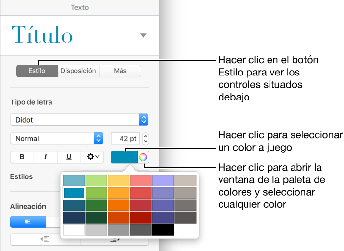 Controles para seleccionar colores prediseñados o cualquier color.