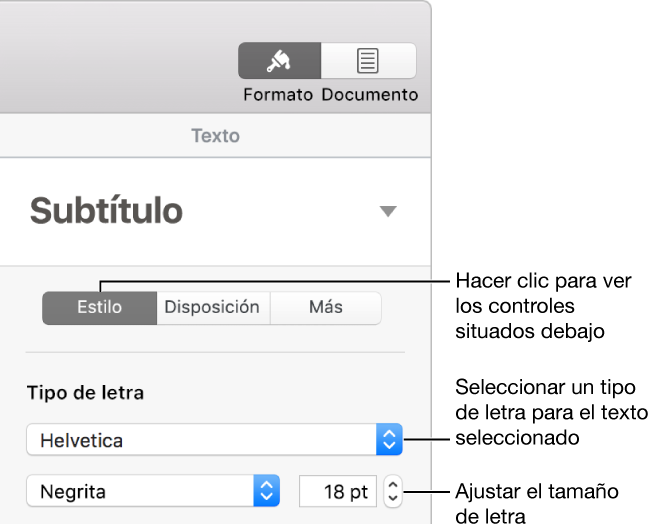 Controles de texto de la sección Estilo de la barra lateral Formato para ajustar el tamaño y el tipo de letra.