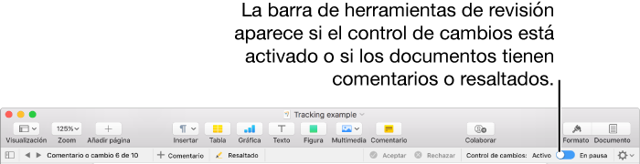 La barra de herramientas de Pages con el control de cambios activado y la barra de herramientas de revisión debajo.