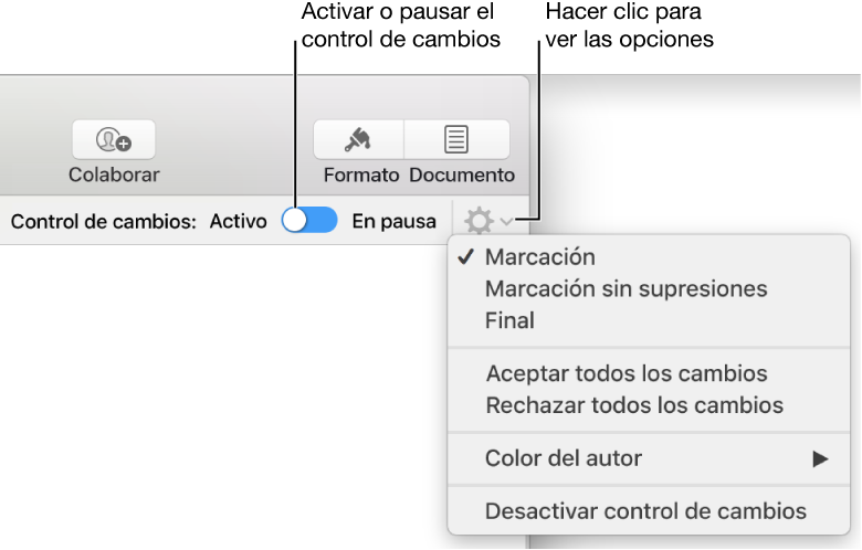 El menú de opciones de control de cambios con “Desactivar control de cambios” en la parte inferior y llamadas a “Control de cambios: Activado” y al botón “En pausa”.