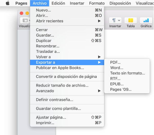 El menú Archivo abierto con “Exportar a” seleccionado y las opciones de exportación PDF, Word, “Texto sin formato”, RTF, EPUB, y Pages ’09 en su submenú.