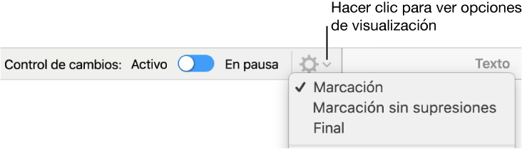 El menú de opciones de revisión con “Marcación”, “Marcación sin supresiones” y “Final”.