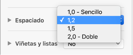 El menú desplegable Espaciado con Sencillo, Doble y otras opciones.