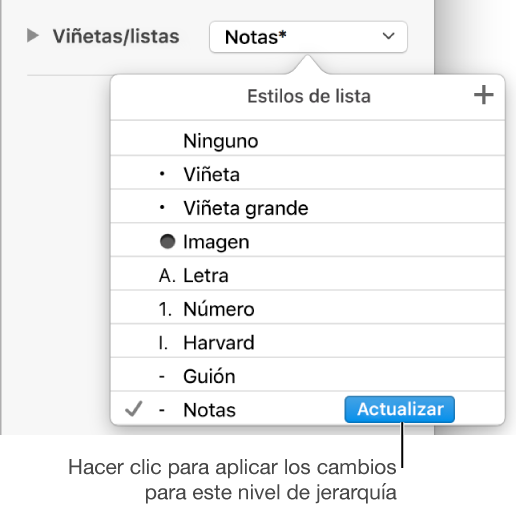 El menú “Estilos de lista” con el botón Actualizar junto al nombre del nuevo estilo.