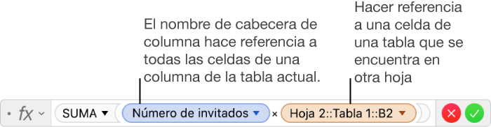 El editor de fórmulas con una fórmula que hace referencia a una columna de una tabla y una celda de otra tabla.