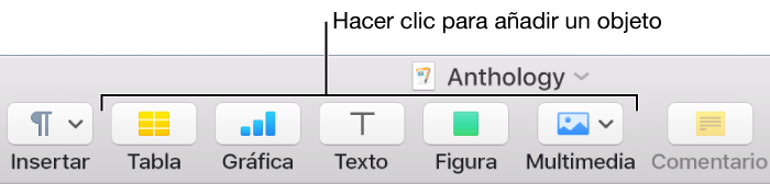 La barra de herramientas de Pages con los botones Tabla, Gráfica, Texto, Figura y Multimedia.