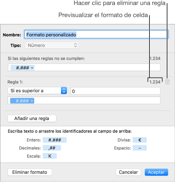 La ventana de formato de celda personalizado con controles para seleccionar formatos numéricos personalizados.