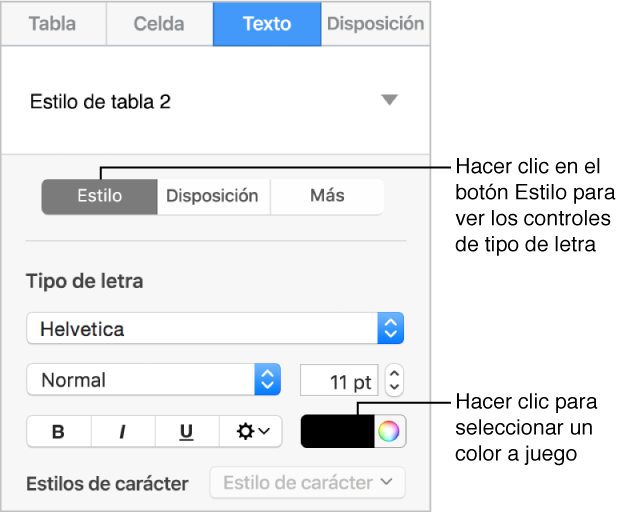 Los controles para aplicar un estilo a texto de la tabla.
