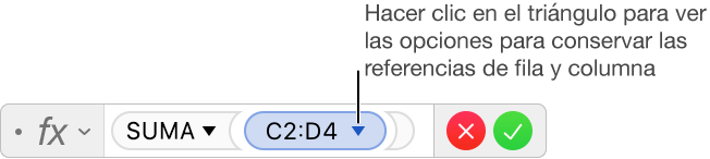 El editor de fórmulas mostrando cómo conservar la fila y la columna de una referencia de intervalo.