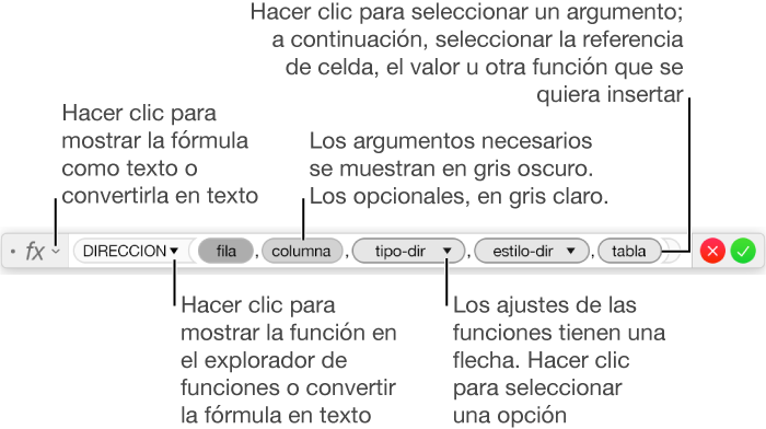 Editor de fórmulas con la función DIRECCION y sus identificadores de argumentos.