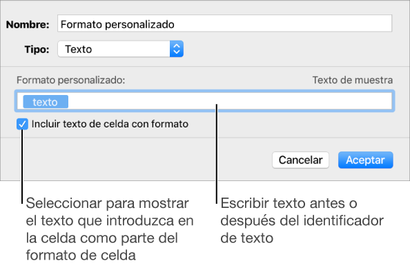 La ventana de formato de celda personalizado con controles para seleccionar formatos de texto personalizados.