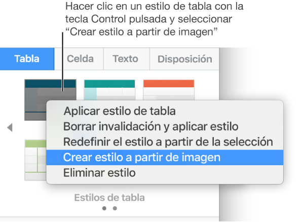 El menú de funciones rápidas de estilo de tabla.