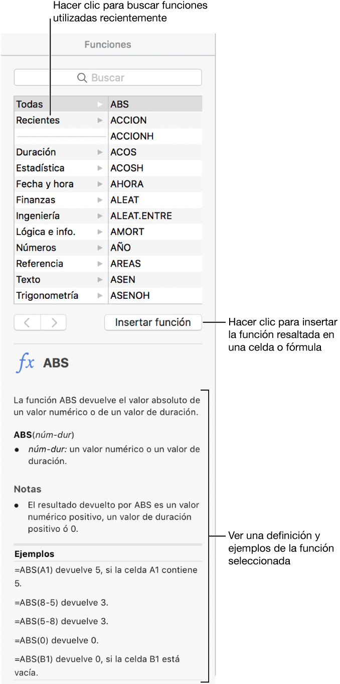 El explorador de funciones con llamadas a funciones utilizadas recientemente, el botón “Insertar función” y la definición de la función.
