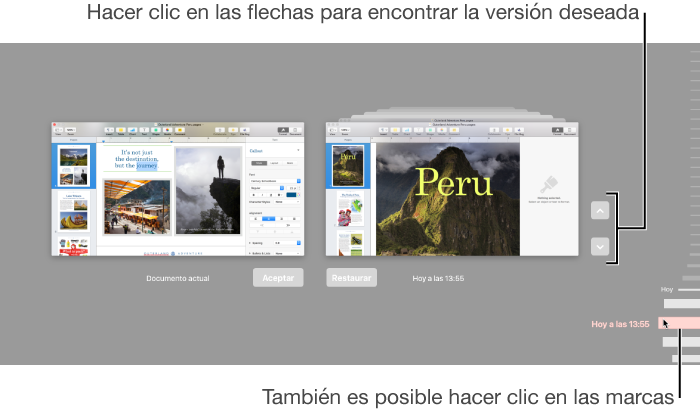 Control temporal de versiones que muestra el documento actual a la izquierda y una versión reciente a la derecha.