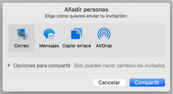 Ventana de los ajustes de colaboración con el botón Compartir en la parte inferior.