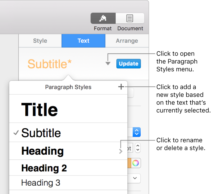 The Paragraph Styles pop-up menu, showing controls to add or change a style.
