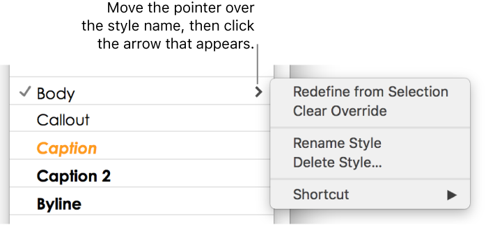 The paragraph styles pop-up menu with the shortcut menu open.